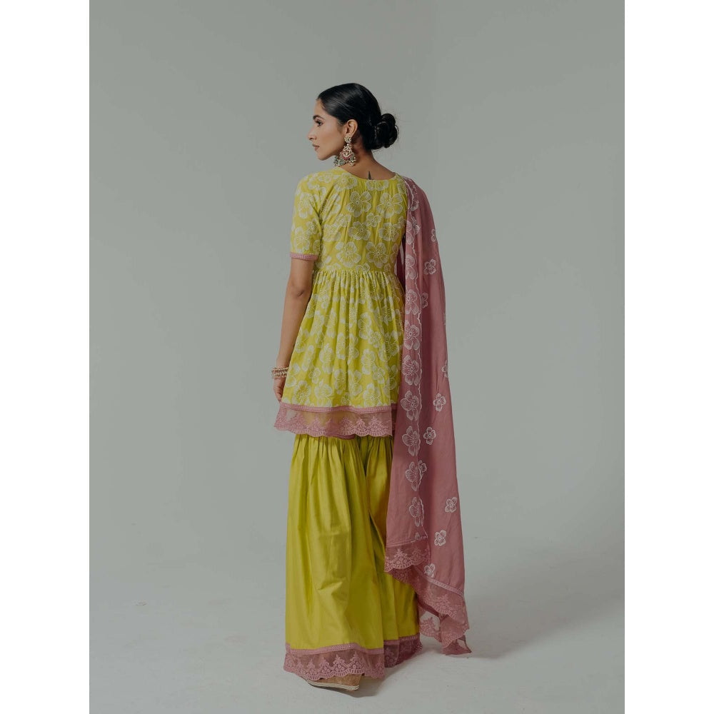 Old Marigold Shireen Yellow Cotton Floral Kurta With Sharara And Dupatta (Set of 3)