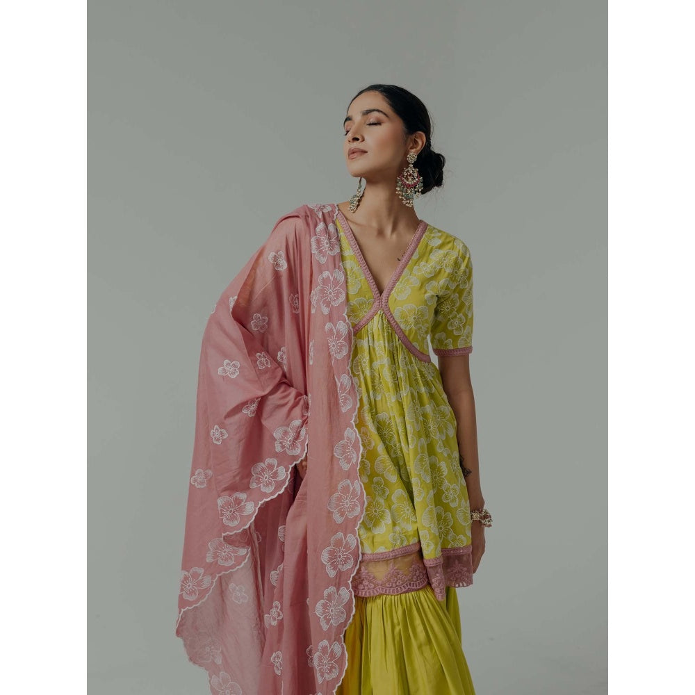Old Marigold Shireen Yellow Cotton Floral Kurta With Sharara And Dupatta (Set of 3)