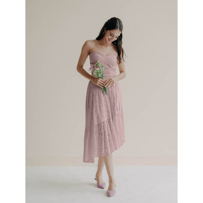 Old Marigold Janine Dusty Pink Schiffli Corset Midi Dress