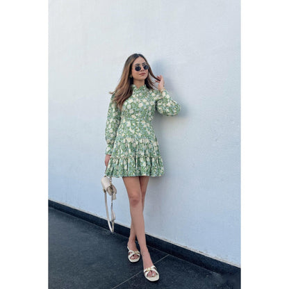 Old Marigold Cowper Green & Yellow Printed Cotton Collared Dress