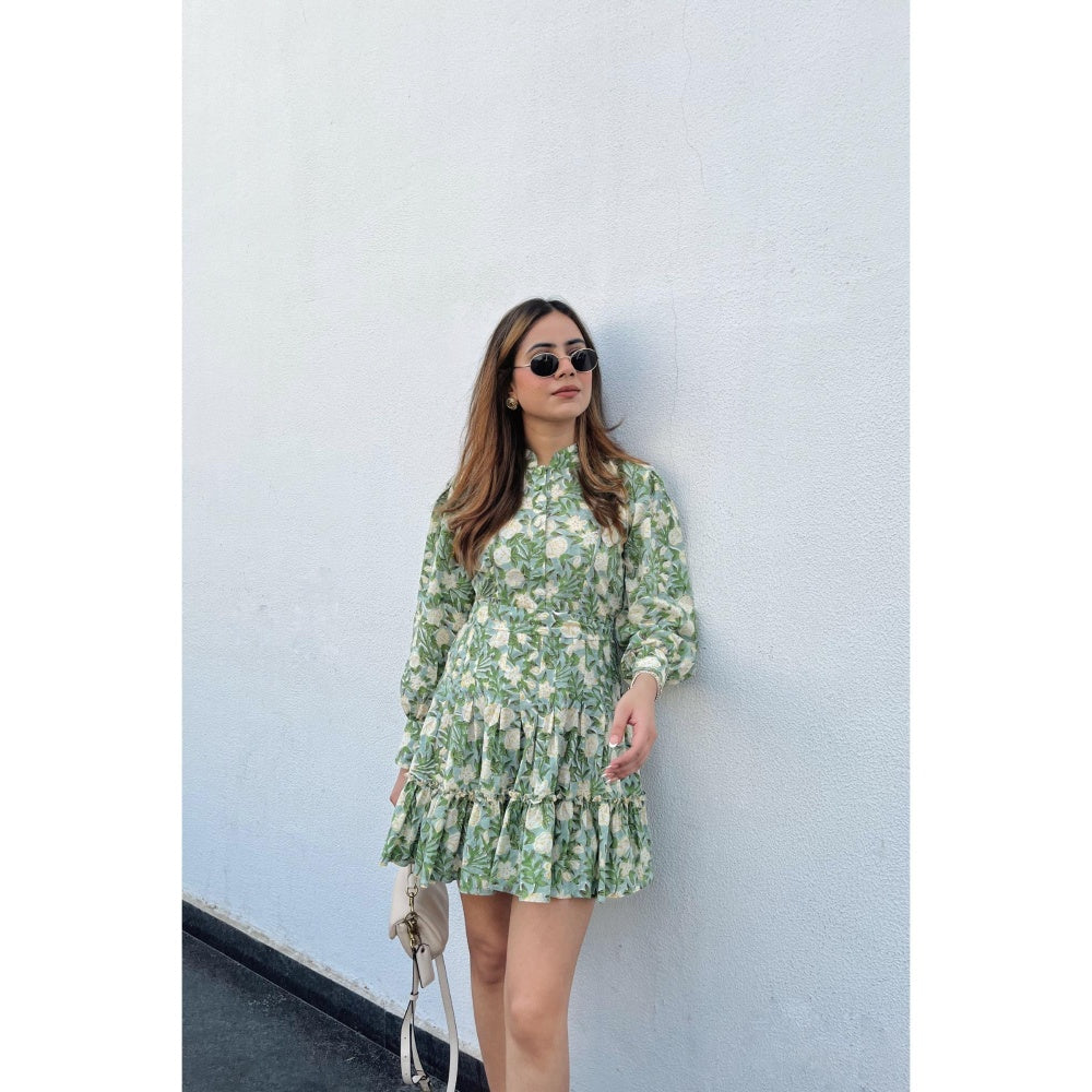 Old Marigold Cowper Green & Yellow Printed Cotton Collared Dress