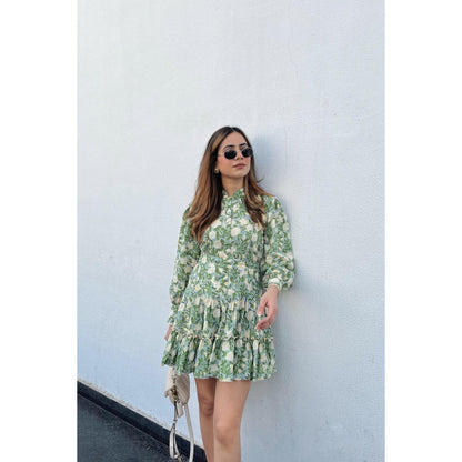 Old Marigold Cowper Green & Yellow Printed Cotton Collared Dress