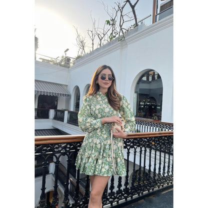 Old Marigold Cowper Green & Yellow Printed Cotton Collared Dress