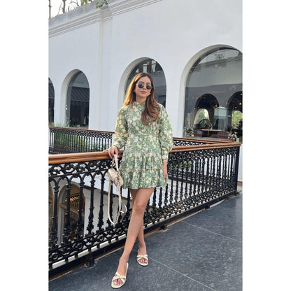 Old Marigold Cowper Green & Yellow Printed Cotton Collared Dress