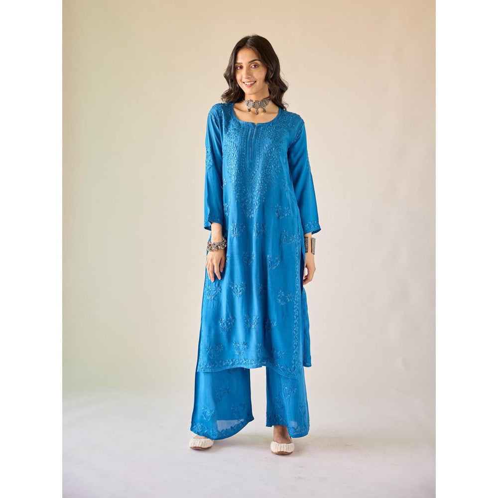 Old Marigold Lamis Royal Blue Modal Hand Embroidered Chikankari Co-Ord (Set of 2)