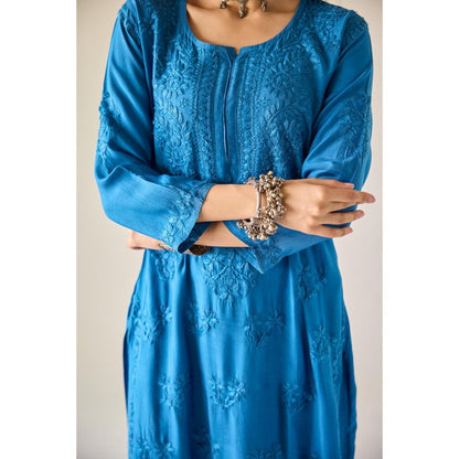 Old Marigold Lamis Royal Blue Modal Hand Embroidered Chikankari Co-Ord (Set of 2)