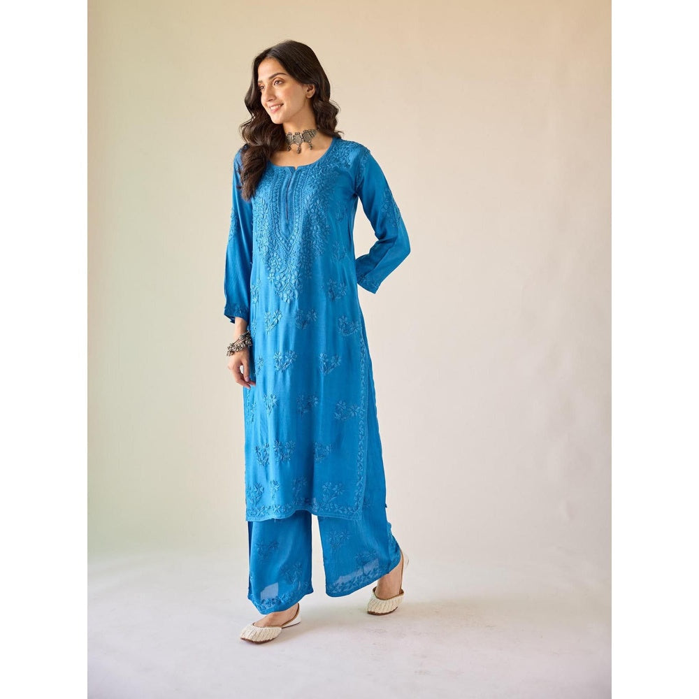 Old Marigold Lamis Royal Blue Modal Hand Embroidered Chikankari Co-Ord (Set of 2)
