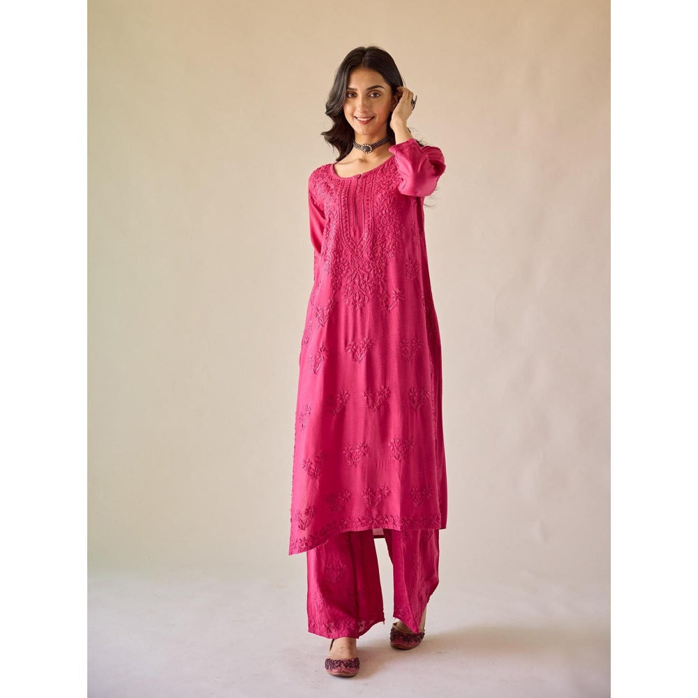 Old Marigold Yara Hot Pink Modal Hand Embroidered Chikankari Co-Ord (Set of 2)