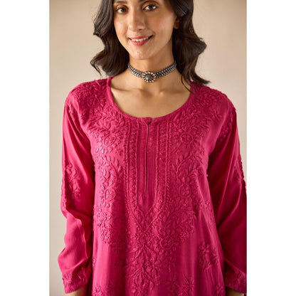 Old Marigold Yara Hot Pink Modal Hand Embroidered Chikankari Co-Ord (Set of 2)