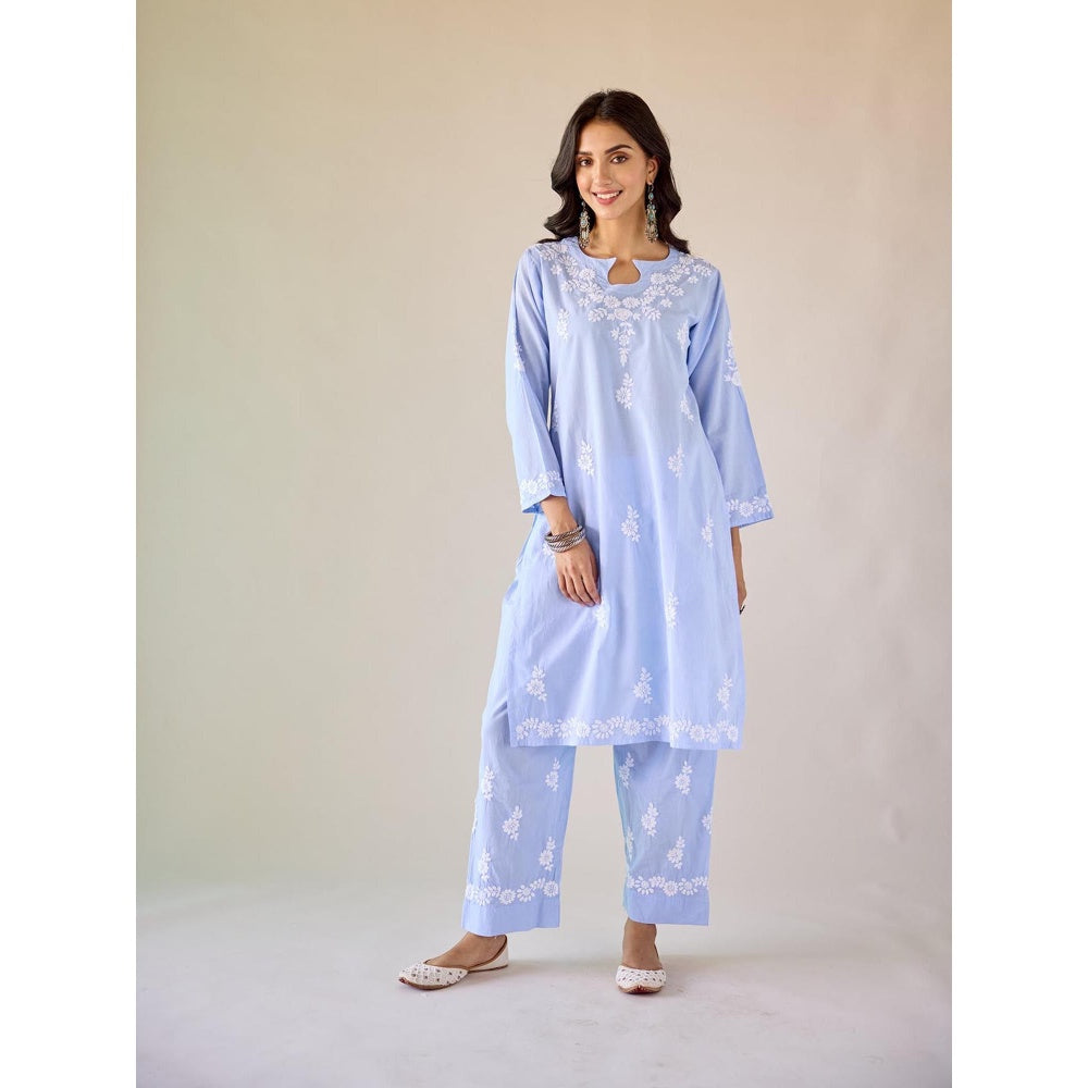 Old Marigold Halls Blue Cotton Hand Embroidered Chikankari Co-Ord (Set of 2)