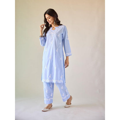 Old Marigold Halls Blue Cotton Hand Embroidered Chikankari Co-Ord (Set of 2)