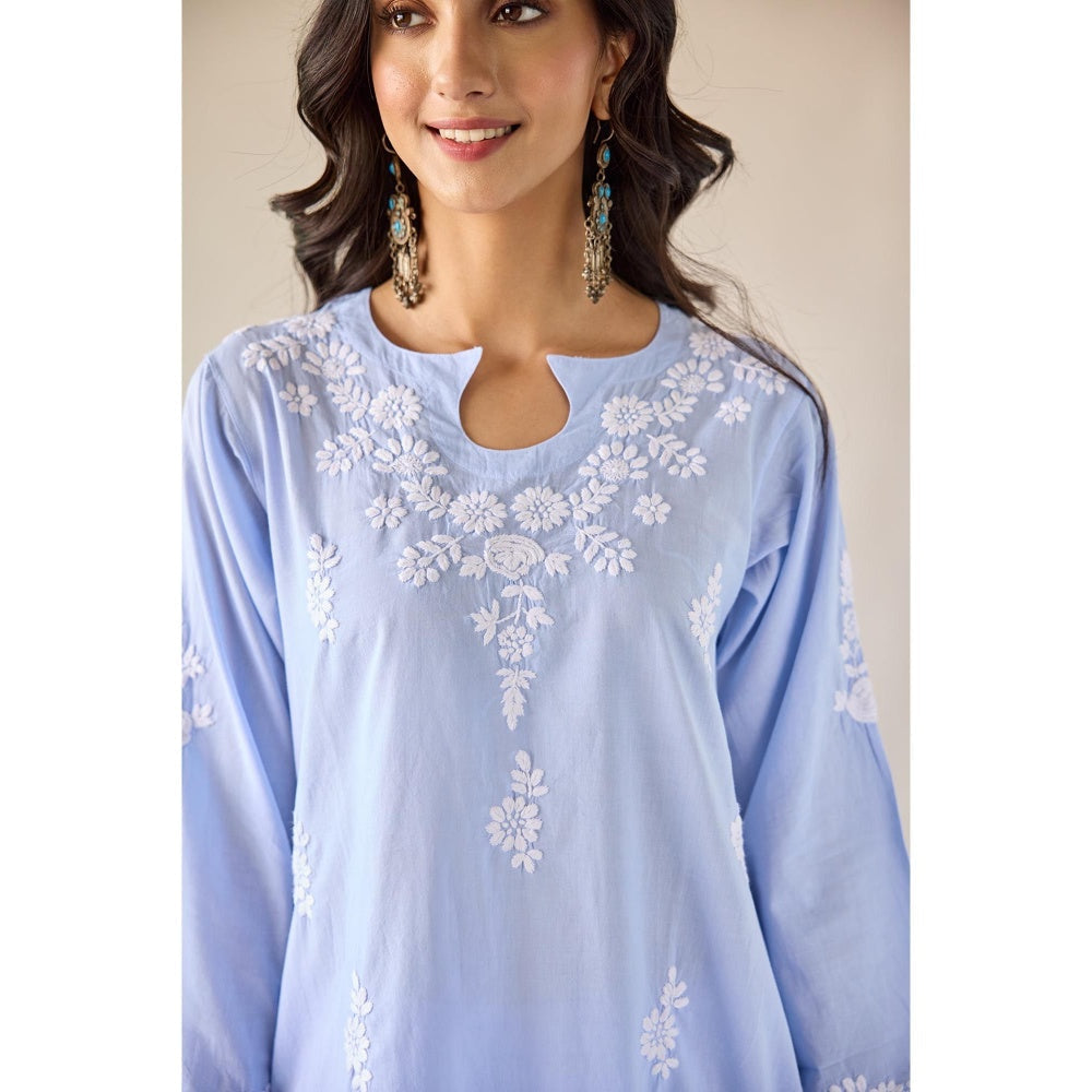 Old Marigold Halls Blue Cotton Hand Embroidered Chikankari Co-Ord (Set of 2)