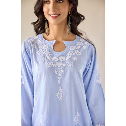 Old Marigold Halls Blue Cotton Hand Embroidered Chikankari Co-Ord (Set of 2)