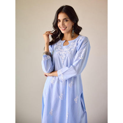 Old Marigold Halls Blue Cotton Hand Embroidered Chikankari Co-Ord (Set of 2)