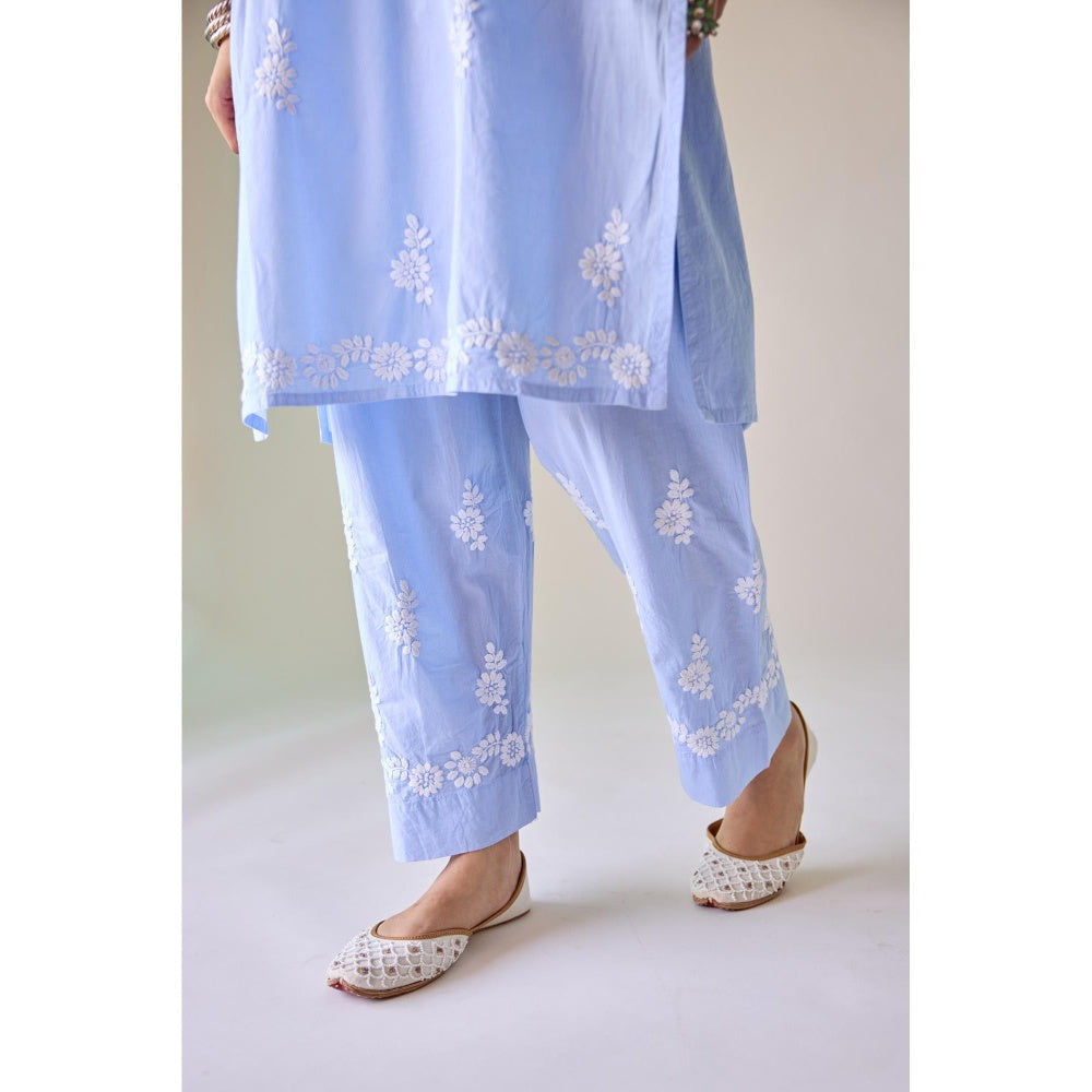 Old Marigold Halls Blue Cotton Hand Embroidered Chikankari Co-Ord (Set of 2)