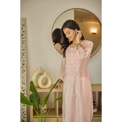 Old Marigold Zubaida Blush Pink Chanderi Hand Embroidered Chikankari Kurta
