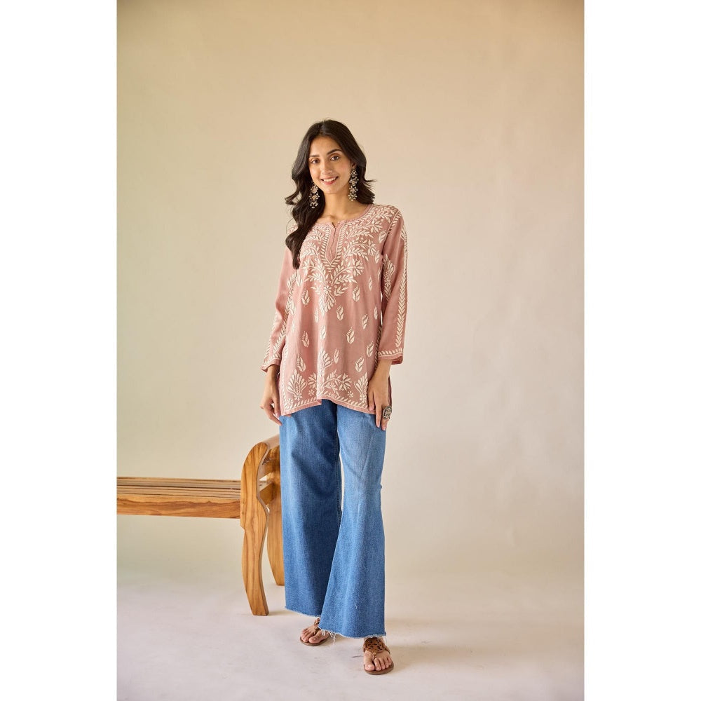 Old Marigold Mallika Brown Chanderi Hand Embroidered Short Chikankari Kurti
