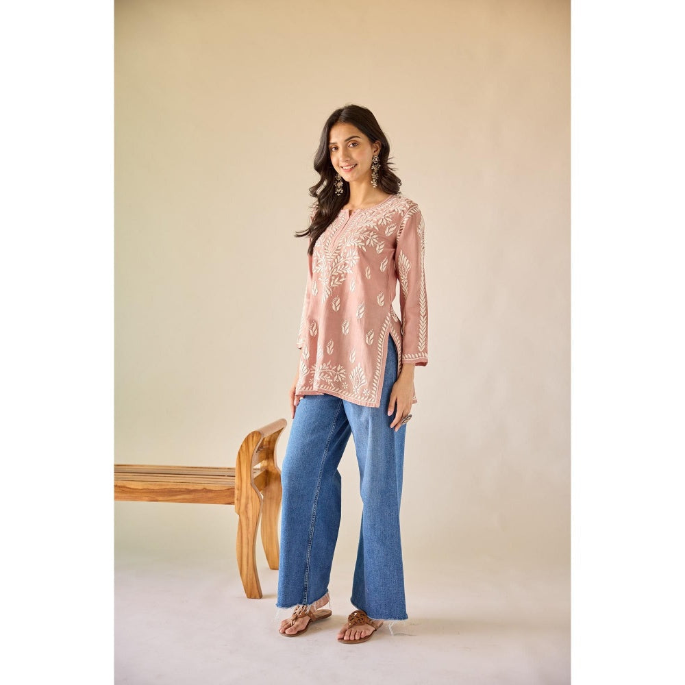 Old Marigold Mallika Brown Chanderi Hand Embroidered Short Chikankari Kurti