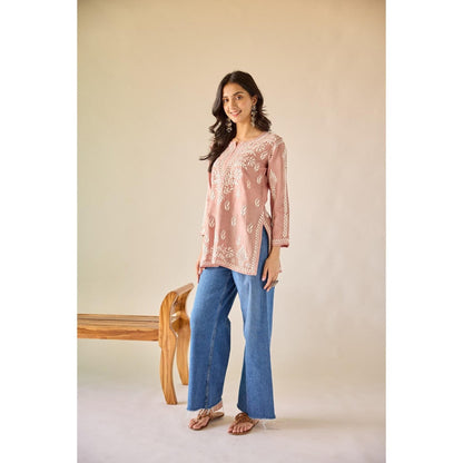 Old Marigold Mallika Brown Chanderi Hand Embroidered Short Chikankari Kurti
