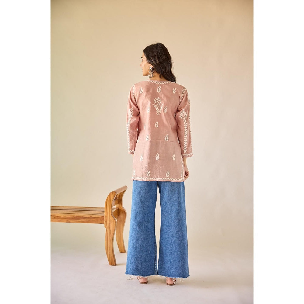 Old Marigold Mallika Brown Chanderi Hand Embroidered Short Chikankari Kurti