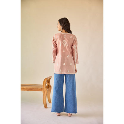 Old Marigold Mallika Brown Chanderi Hand Embroidered Short Chikankari Kurti