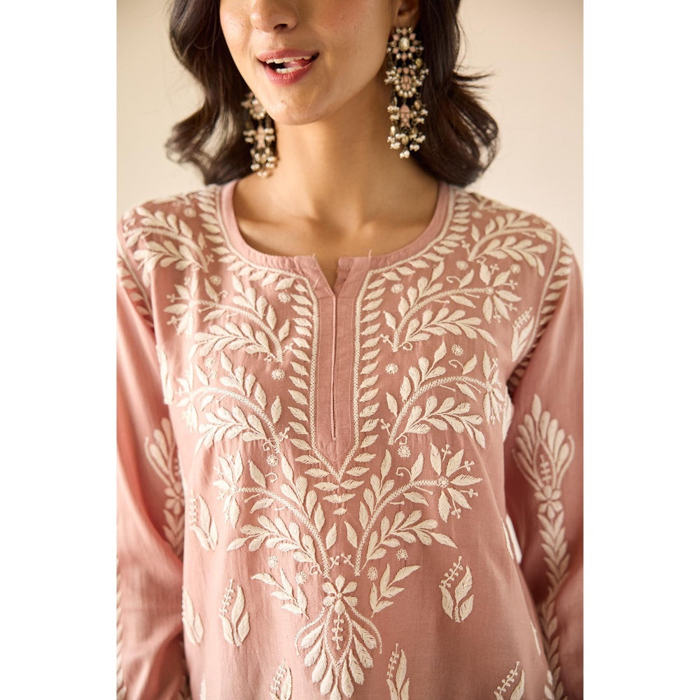 Old Marigold Mallika Brown Chanderi Hand Embroidered Short Chikankari Kurti