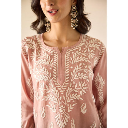 Old Marigold Mallika Brown Chanderi Hand Embroidered Short Chikankari Kurti