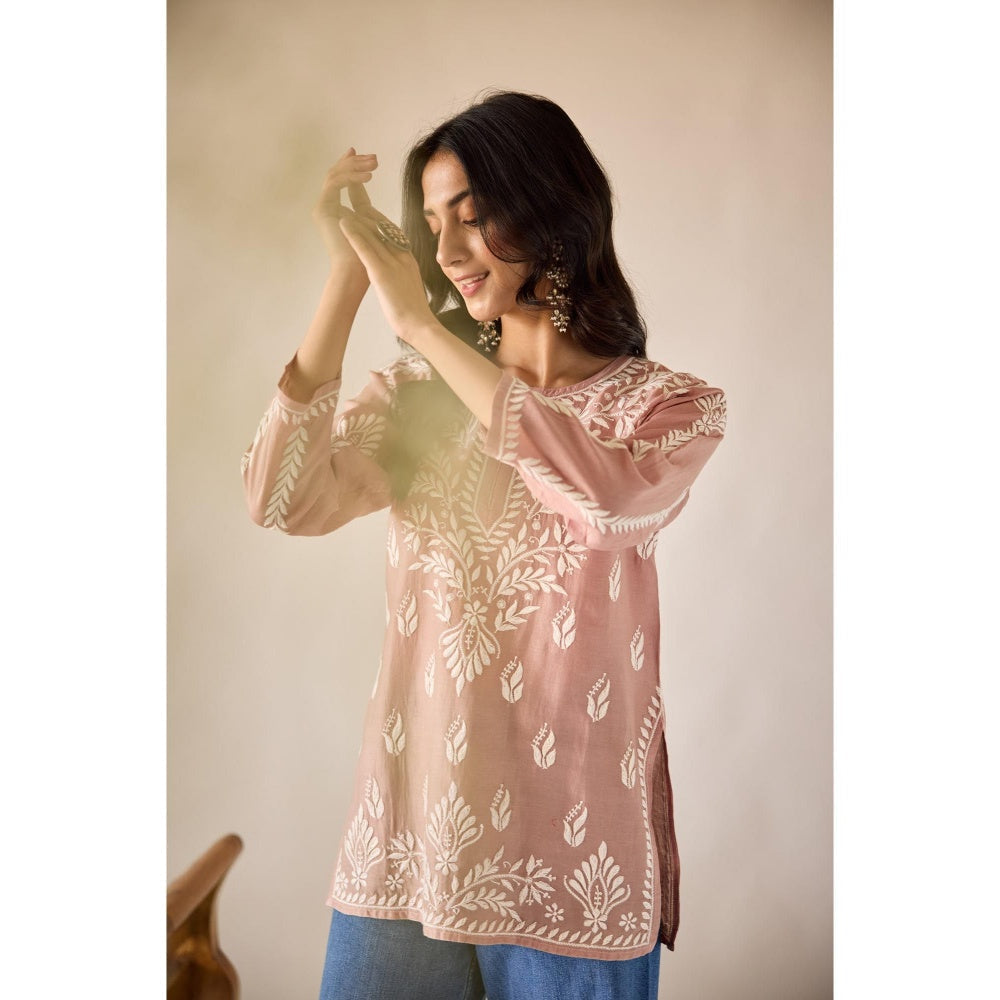 Old Marigold Mallika Brown Chanderi Hand Embroidered Short Chikankari Kurti