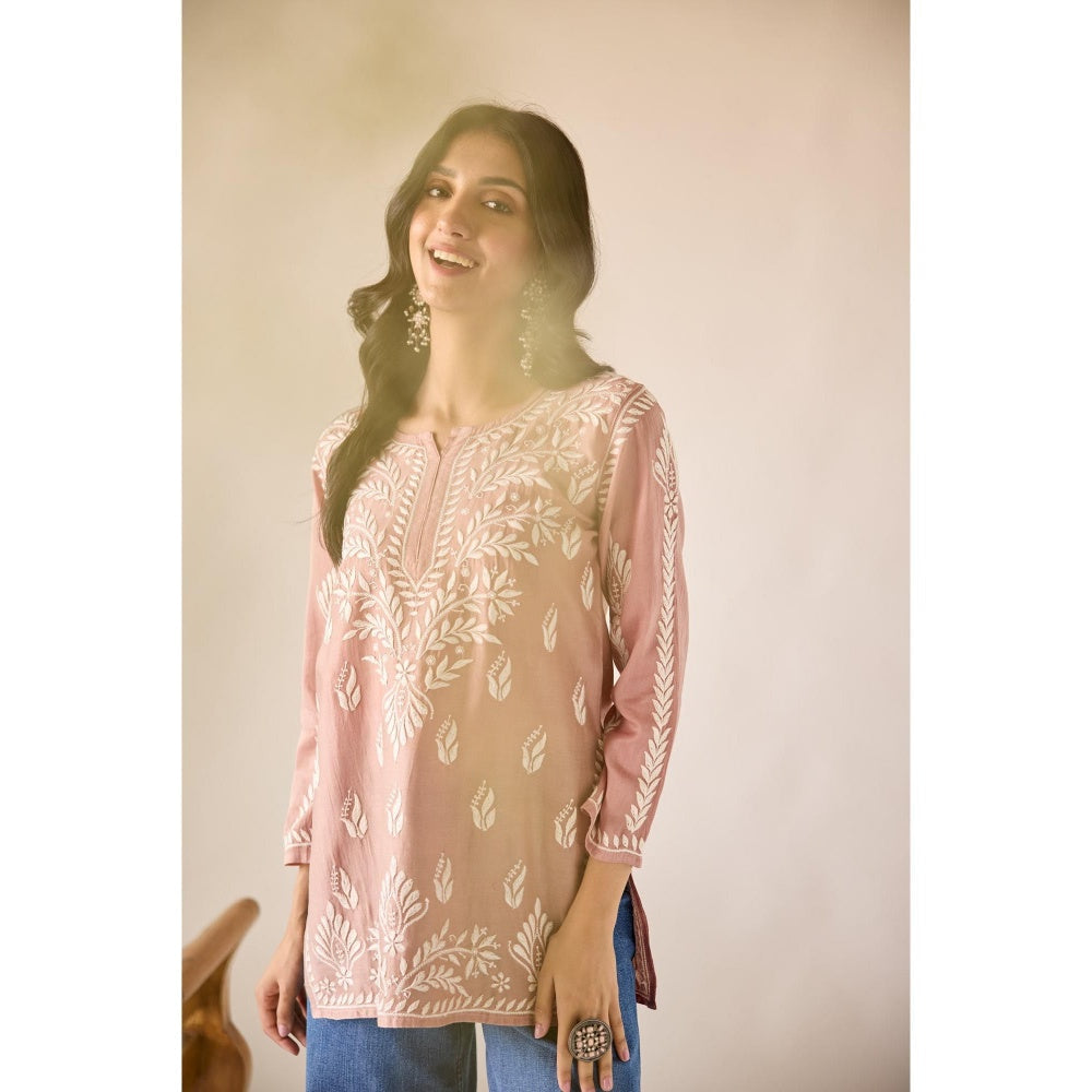 Old Marigold Mallika Brown Chanderi Hand Embroidered Short Chikankari Kurti