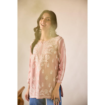 Old Marigold Mallika Brown Chanderi Hand Embroidered Short Chikankari Kurti