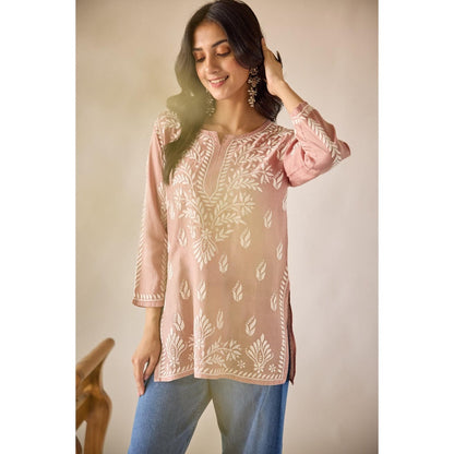 Old Marigold Mallika Brown Chanderi Hand Embroidered Short Chikankari Kurti