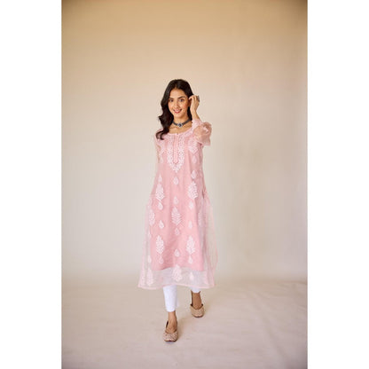 Old Marigold Nimrah Pink Organza Hand Embroidered Chikankari Kurta With Slip (Set of 2)