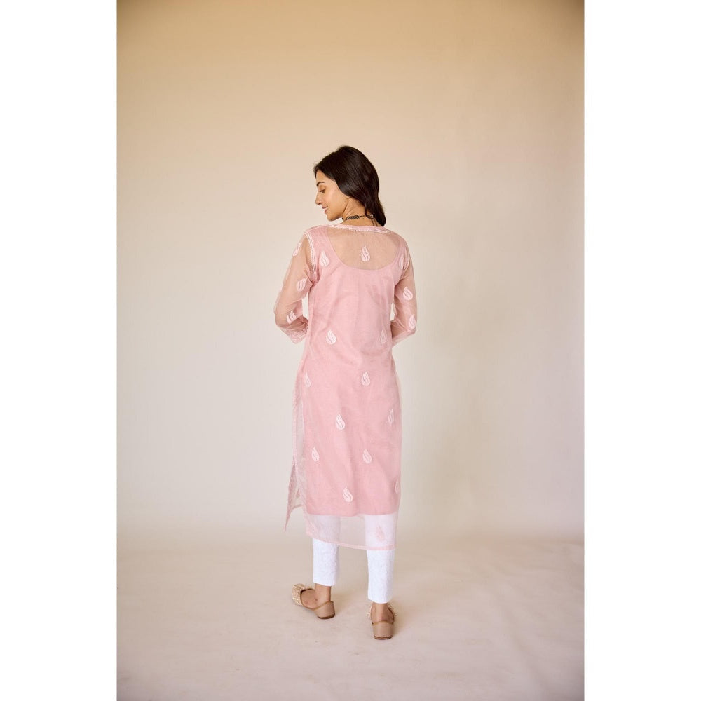 Old Marigold Nimrah Pink Organza Hand Embroidered Chikankari Kurta With Slip (Set of 2)