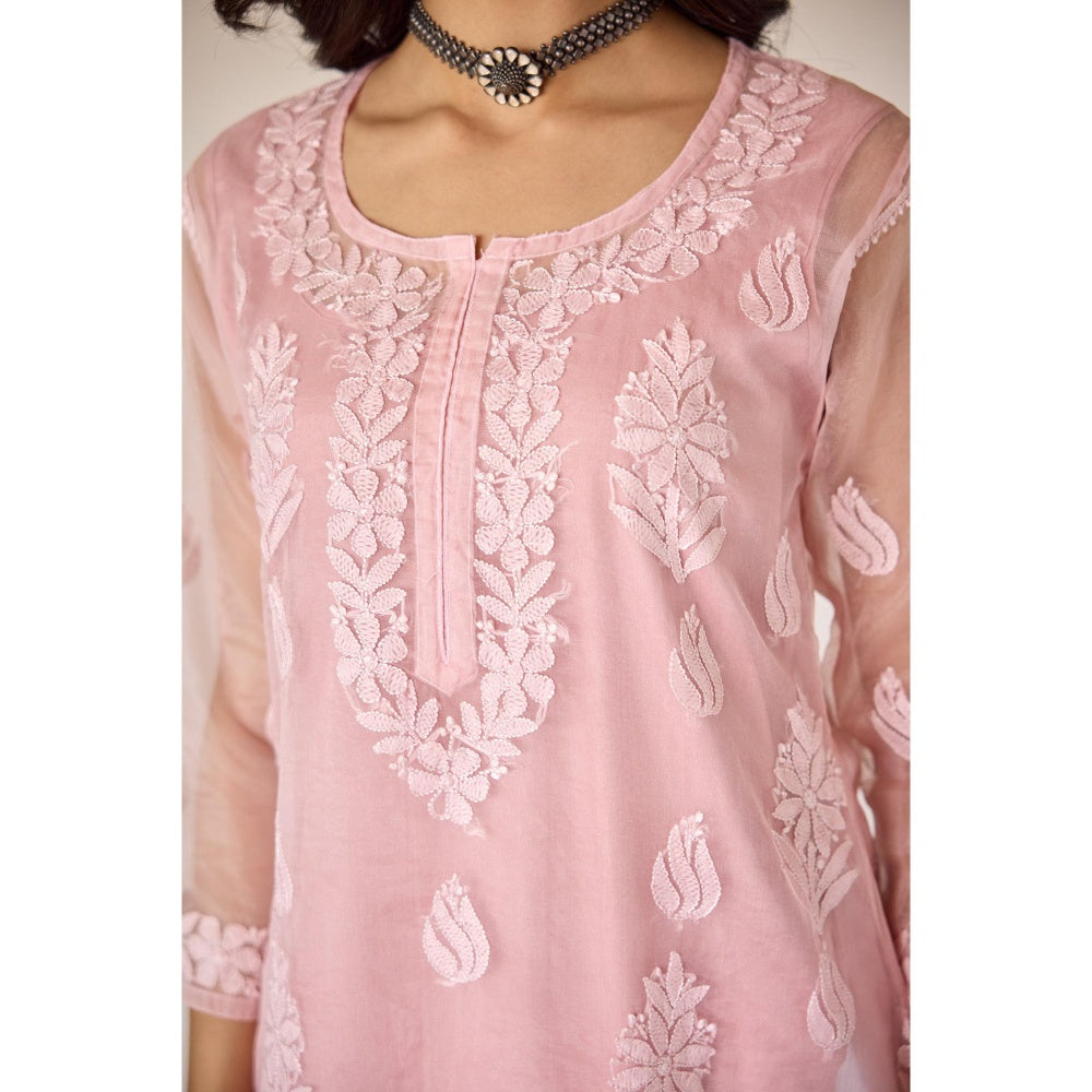 Old Marigold Nimrah Pink Organza Hand Embroidered Chikankari Kurta With Slip (Set of 2)