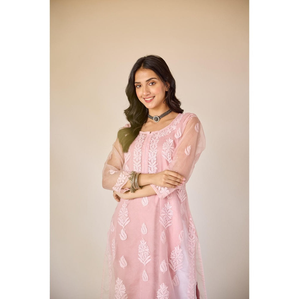Old Marigold Nimrah Pink Organza Hand Embroidered Chikankari Kurta With Slip (Set of 2)