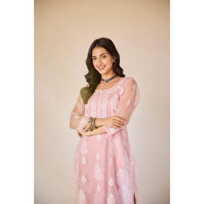 Old Marigold Nimrah Pink Organza Hand Embroidered Chikankari Kurta With Slip (Set of 2)