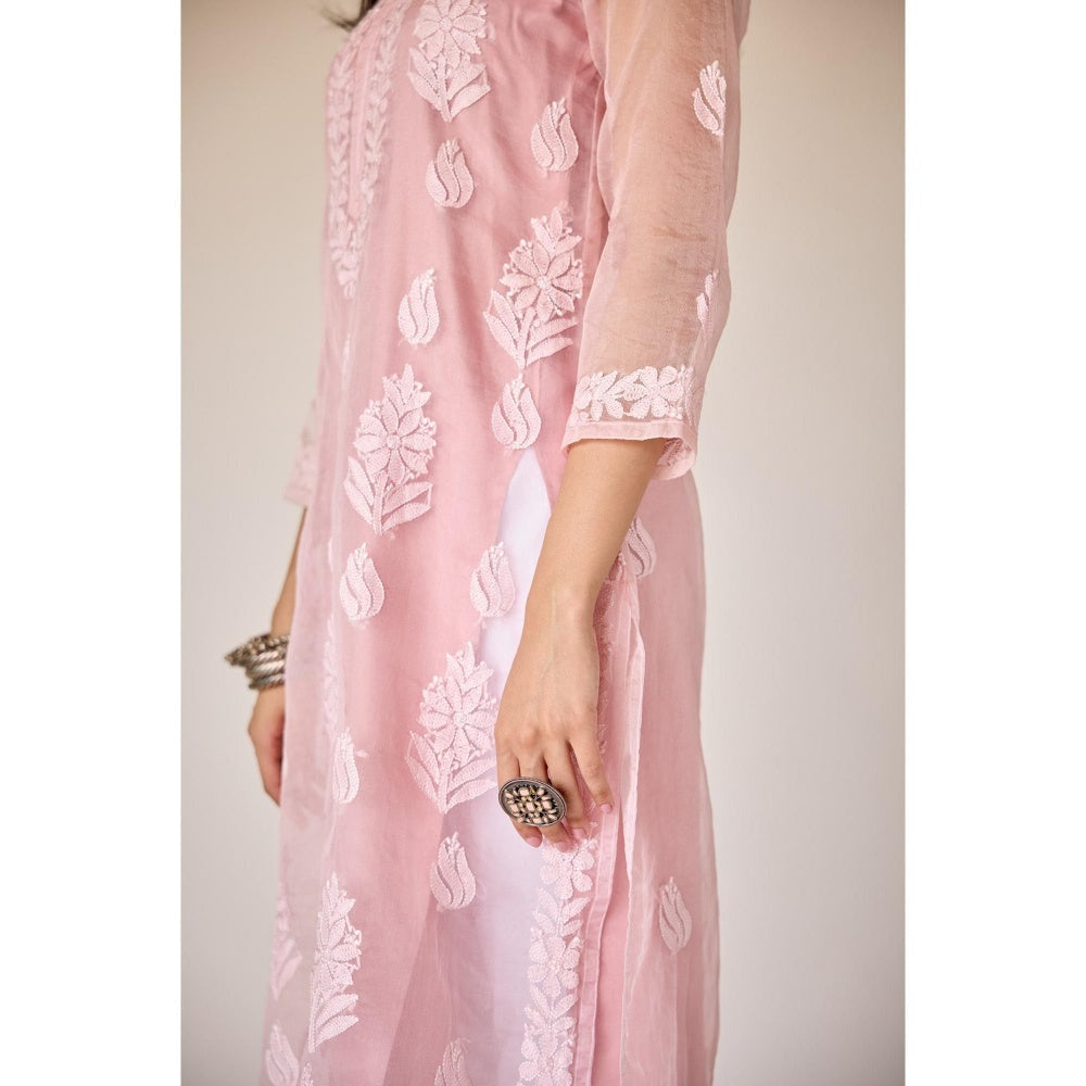 Old Marigold Nimrah Pink Organza Hand Embroidered Chikankari Kurta With Slip (Set of 2)