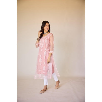 Old Marigold Nimrah Pink Organza Hand Embroidered Chikankari Kurta With Slip (Set of 2)