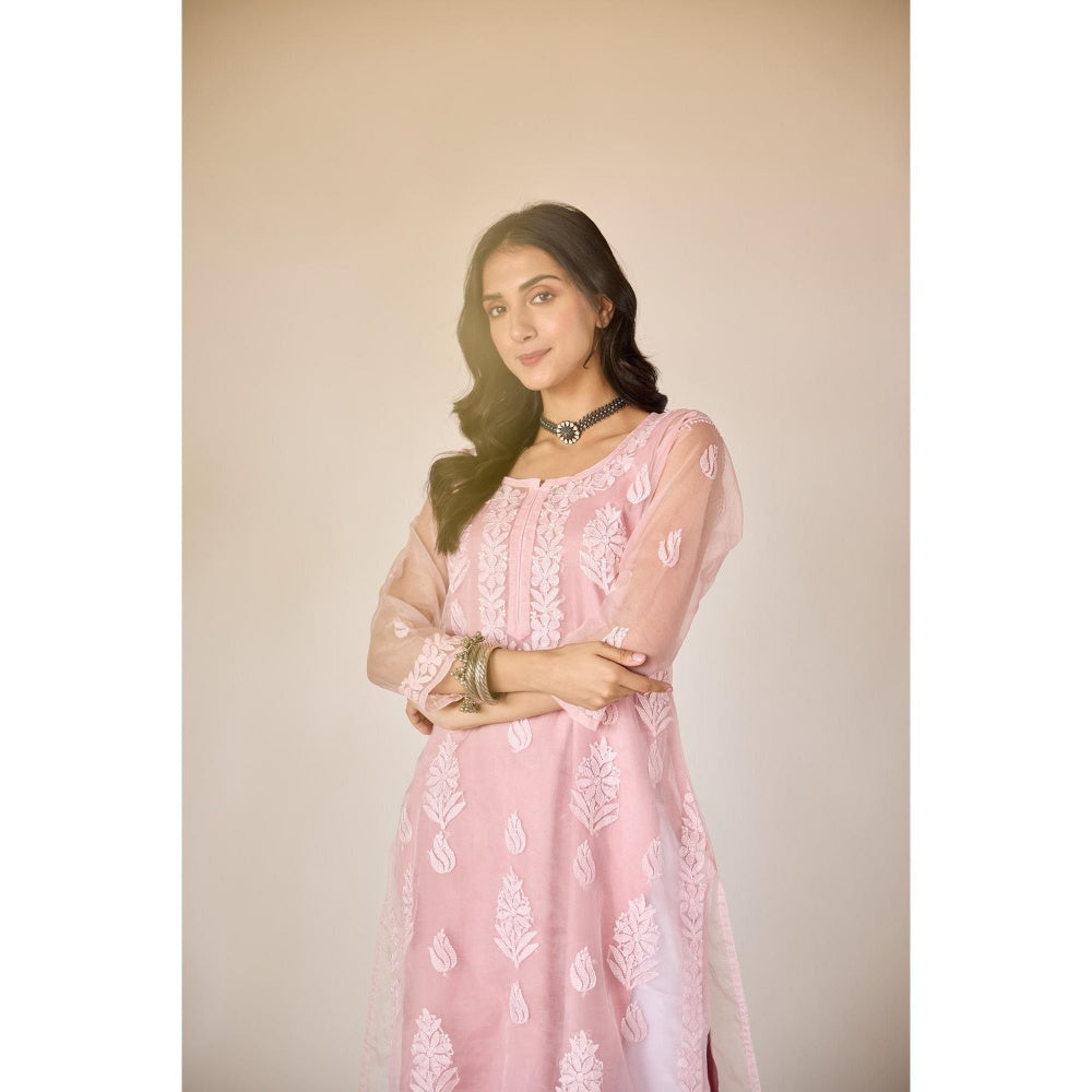 Old Marigold Nimrah Pink Organza Hand Embroidered Chikankari Kurta With Slip (Set of 2)