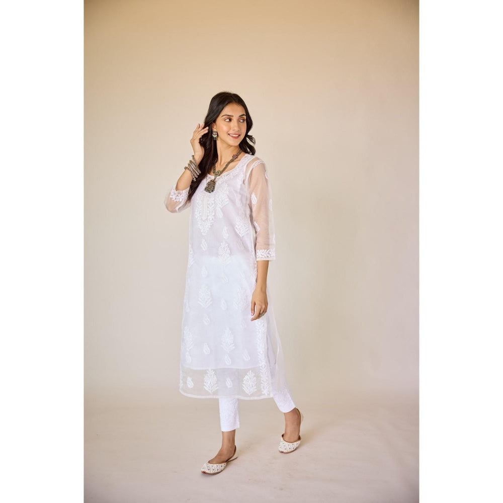 Old Marigold Elina White Organza Hand Embroidered Chikankari Kurta With Slip (Set of 2)