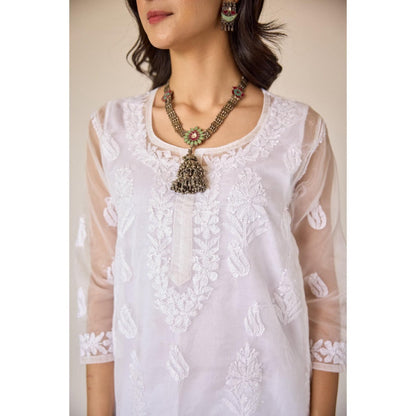 Old Marigold Elina White Organza Hand Embroidered Chikankari Kurta With Slip (Set of 2)