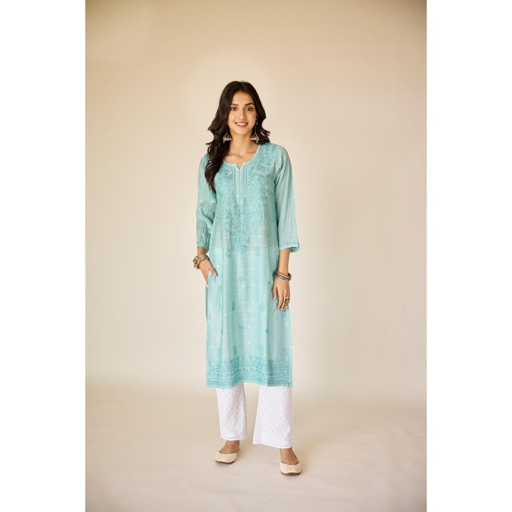 Old Marigold Wafa Turquoise Chanderi Hand Embroidered Chikankari Kurta