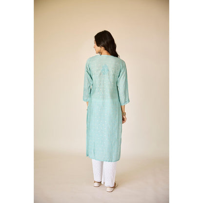 Old Marigold Wafa Turquoise Chanderi Hand Embroidered Chikankari Kurta