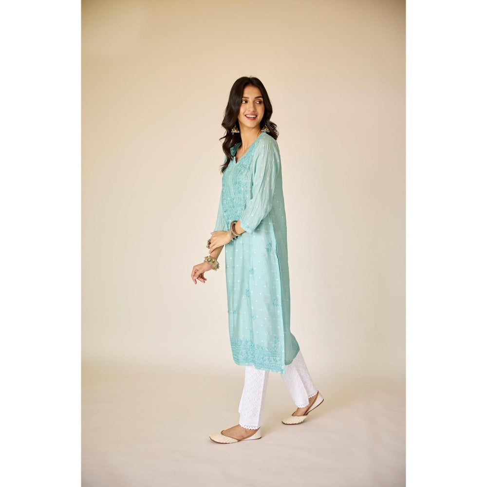 Old Marigold Wafa Turquoise Chanderi Hand Embroidered Chikankari Kurta