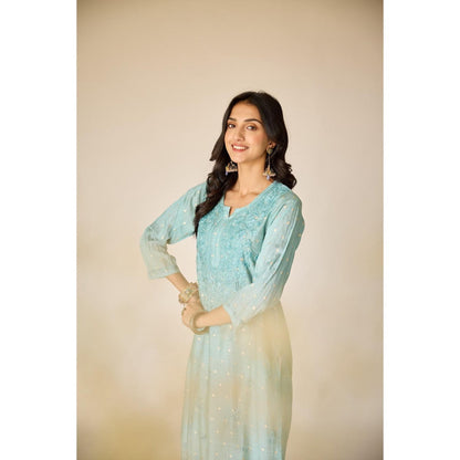 Old Marigold Wafa Turquoise Chanderi Hand Embroidered Chikankari Kurta