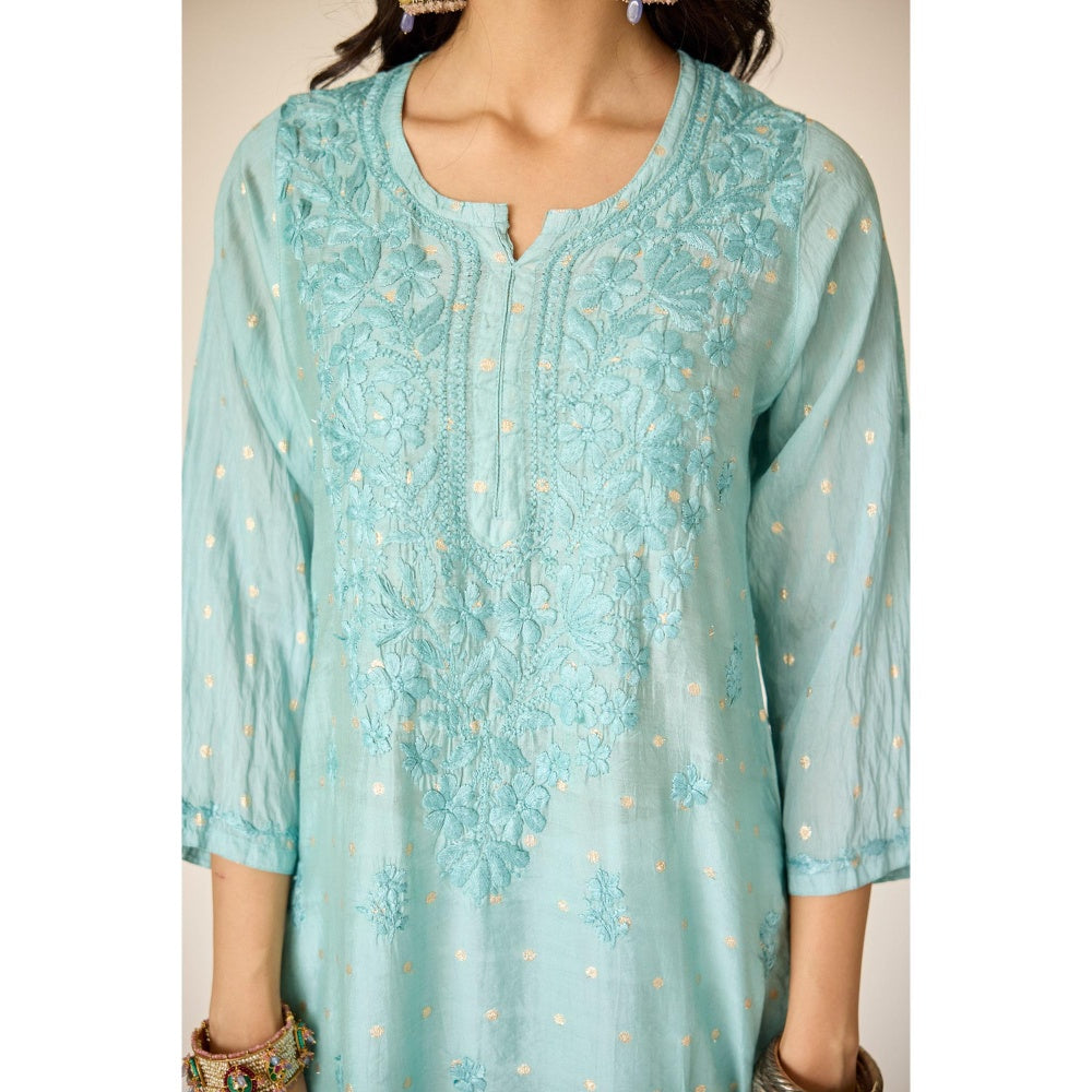 Old Marigold Wafa Turquoise Chanderi Hand Embroidered Chikankari Kurta