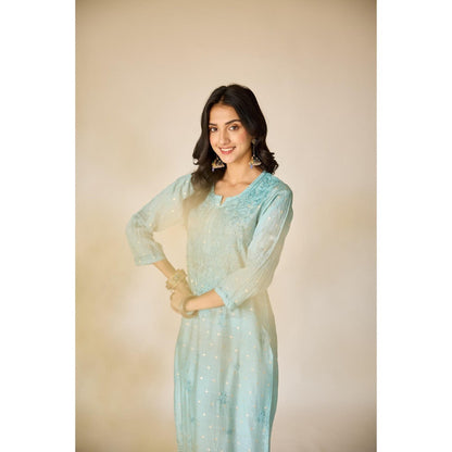 Old Marigold Wafa Turquoise Chanderi Hand Embroidered Chikankari Kurta
