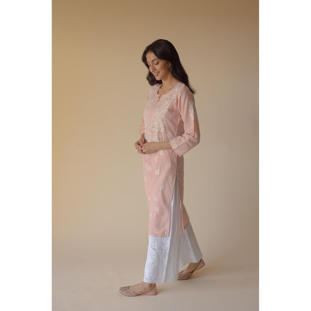 Old Marigold Gulbano Cotton Peach Hand Embroidered Chikankari Kurta