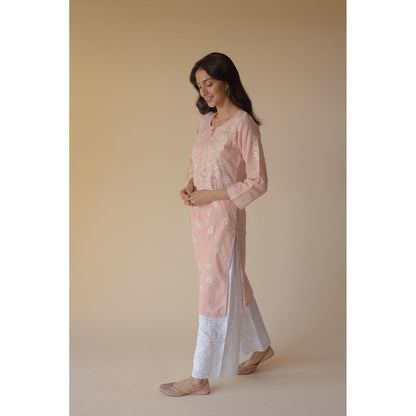 Old Marigold Gulbano Cotton Peach Hand Embroidered Chikankari Kurta