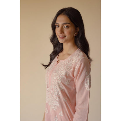Old Marigold Gulbano Cotton Peach Hand Embroidered Chikankari Kurta